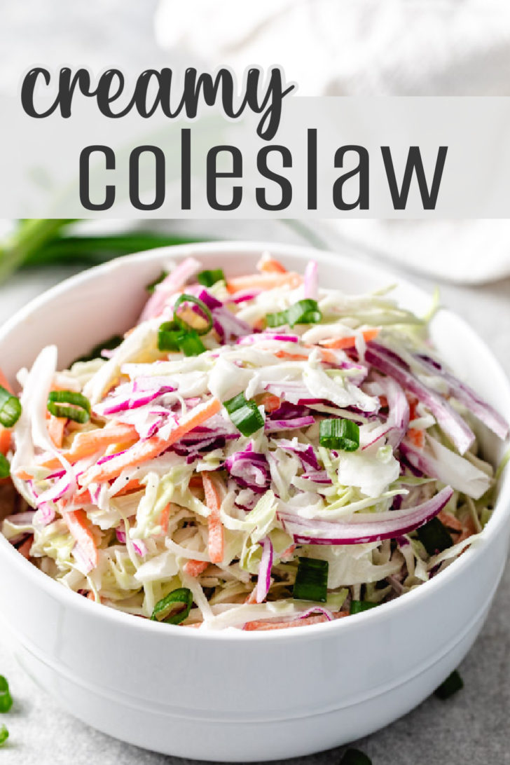 A bowl of creamy coleslaw and text overlay.