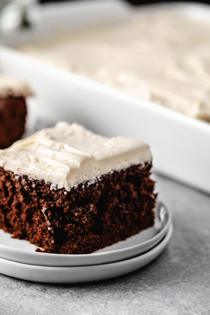 A slice of chocolate cake on a plate.