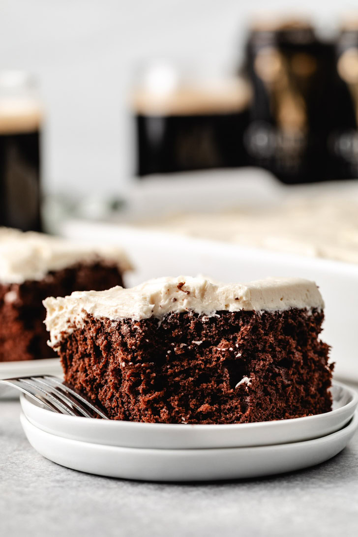 A fork next to a slice of guinness chocolate cake.