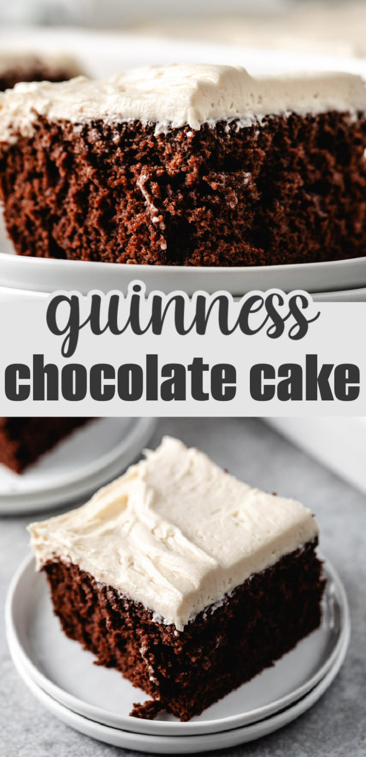 Two photos of guinness chocolate cake in a collage.