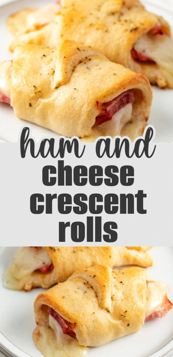 A plate of ham and cheese crescent rolls with melted cheese and flaky golden dough.