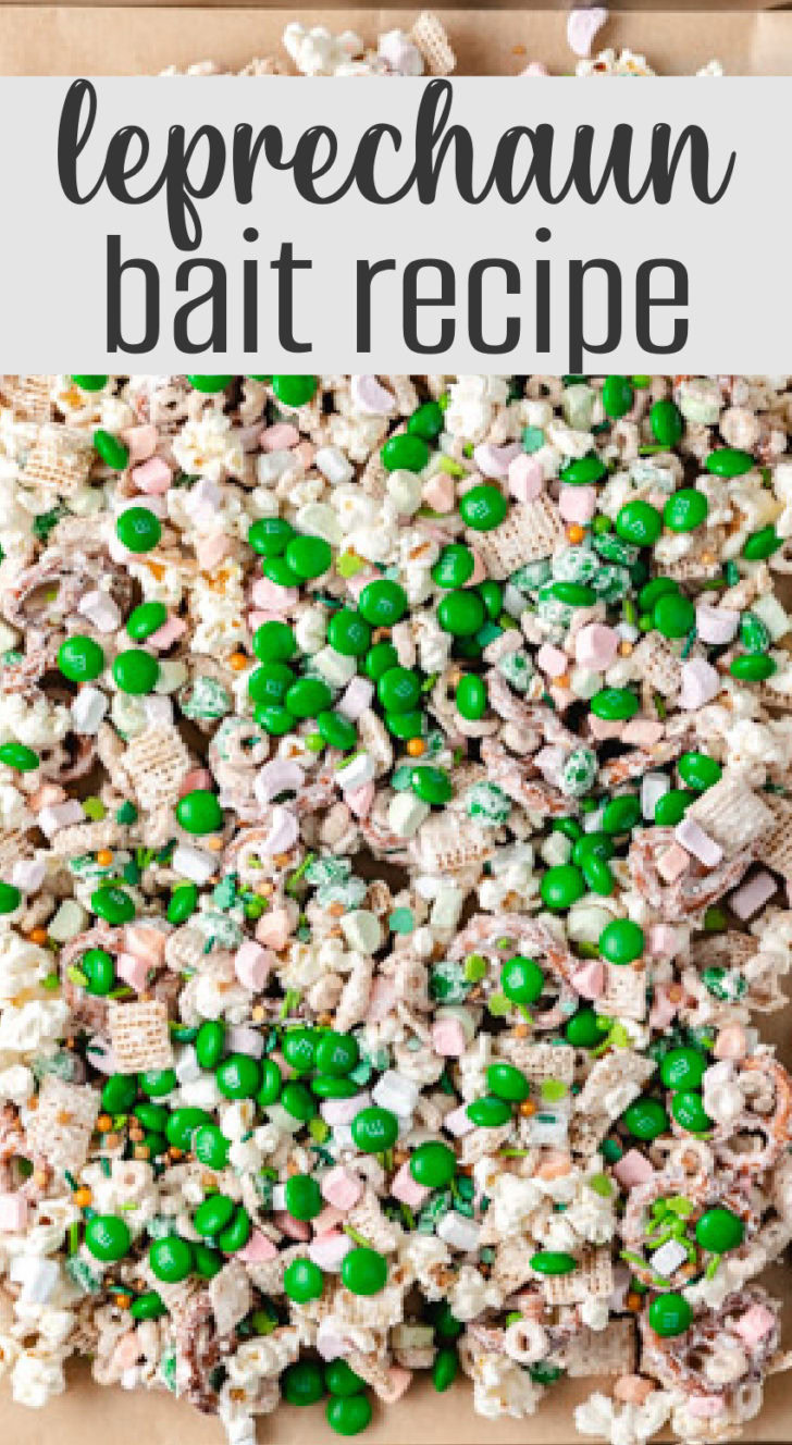 A large bowl filled with leprechaun bait, a sweet and salty snack mix coated in vanilla melting wafers with green and pastel-colored candies.